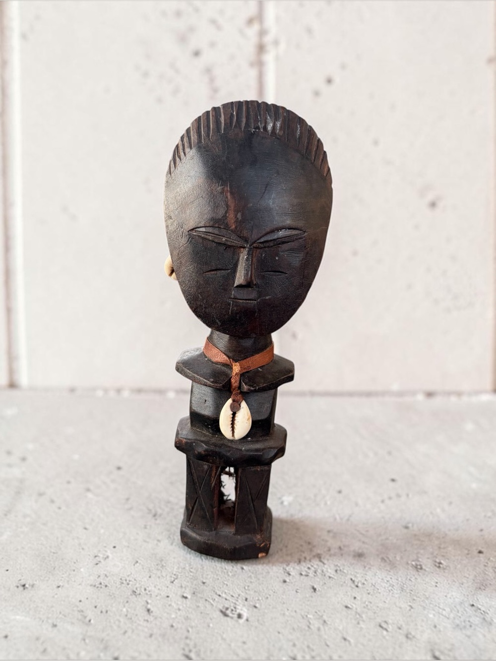 AFRICAN CARVED WOOD FIGURINE WITH COWRIE SHELL NECKLACE FERTILITY
